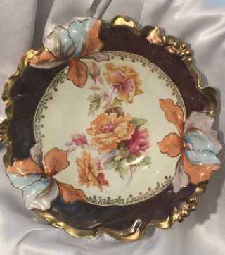 Rare Antique RS Prussia Bowl Tiffany Gold Black Iris Mold Fall Colors Roses 6