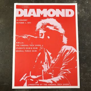 Neil Diamond Concert Poster 1971 Virginia Tech Rock Band