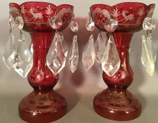 Petite (2) Vintage Miniature Old Bohemian Glass Red Cut To Clear Mantal Lusters