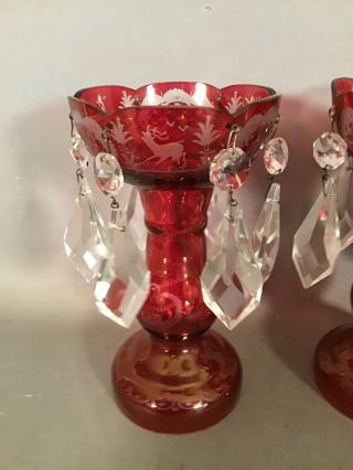 Petite (2) Vintage MINIATURE Old BOHEMIAN GLASS Red CUT TO CLEAR Mantal LUSTERS 2