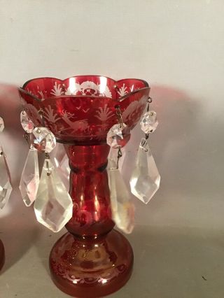 Petite (2) Vintage MINIATURE Old BOHEMIAN GLASS Red CUT TO CLEAR Mantal LUSTERS 3