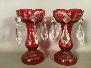Petite (2) Vintage MINIATURE Old BOHEMIAN GLASS Red CUT TO CLEAR Mantal LUSTERS 4