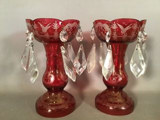 Petite (2) Vintage MINIATURE Old BOHEMIAN GLASS Red CUT TO CLEAR Mantal LUSTERS 5