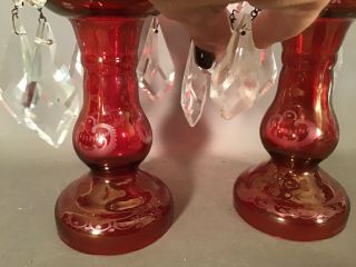Petite (2) Vintage MINIATURE Old BOHEMIAN GLASS Red CUT TO CLEAR Mantal LUSTERS 6