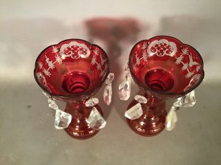 Petite (2) Vintage MINIATURE Old BOHEMIAN GLASS Red CUT TO CLEAR Mantal LUSTERS 7