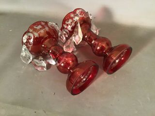 Petite (2) Vintage MINIATURE Old BOHEMIAN GLASS Red CUT TO CLEAR Mantal LUSTERS 8