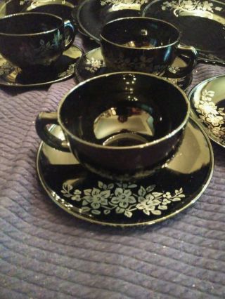 RARE VTG BLACK ONYX GLASS LUNCHEON TEA SET WIT STERLING SILVER OVERLAY 4