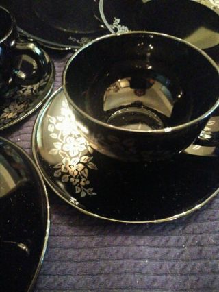 RARE VTG BLACK ONYX GLASS LUNCHEON TEA SET WIT STERLING SILVER OVERLAY 6