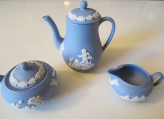 Wedgwood Jasperware Miniature Coffee Set: Pot,  Creamer & Sugar Lavender Blue Eng