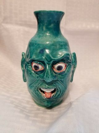 Folk Art Ugly Face Jug Vase Demon Warlock Pottery Signed