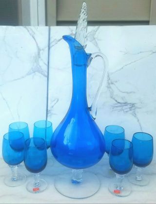 Vintage Blue Italy Art Glass Decanter Cordial Set Empoli Murano Venetian Mcm