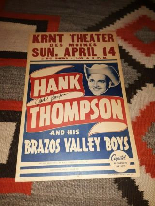 Hank Thompson & His Brazos Valley Boys 14 X 22 Orig Concert Poster 1950s Signed