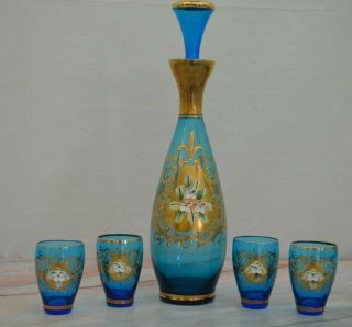 Vtge Bohemian Blue Glass & Gold Hand Painted Floral Decor Decanter & 4 Glasses