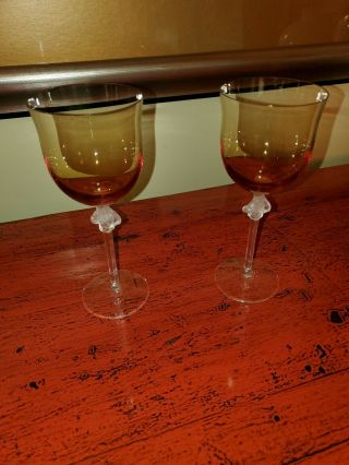 Set Of Rare Amber Colored Lalique Roxanne Wine Glasses