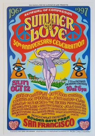 Summer Of Love Anniversary Poster Golden Gate Park 1997 Signed By Gary Grimshaw
