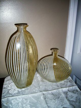 Set 2 Matching Vintage Murano Venetian Art Glass Vase Yellow & White