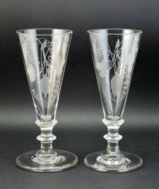 C1790,  Pair Antique 18thc Georgian George Iii Engraved Ale Drinking Glasses