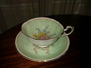 Paragon England floral bouquet Mother tea cup saucer wide,  double warrant green 2