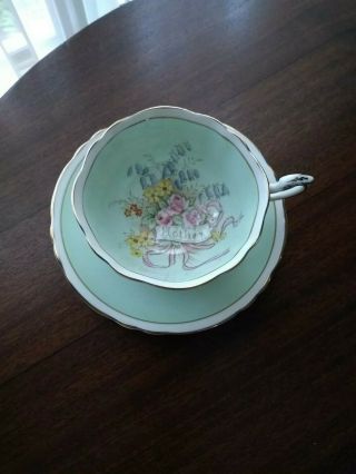 Paragon England floral bouquet Mother tea cup saucer wide,  double warrant green 3