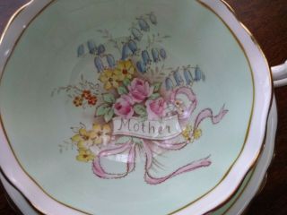 Paragon England floral bouquet Mother tea cup saucer wide,  double warrant green 4