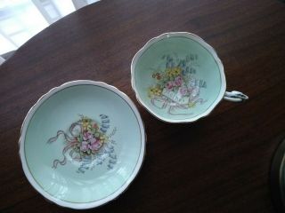 Paragon England floral bouquet Mother tea cup saucer wide,  double warrant green 6