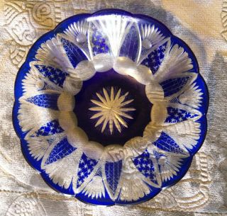 Vintage Bohemian Cobalt Blue Cut To Clear Crystal Antique Bowl