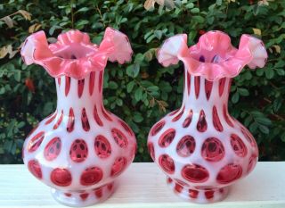 Vintage Fenton Glass Pink Cranberry Coin Dot Ruffle Crimped Vase 7 "