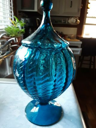 Mcm Empoli Optic Blue Art Glass Circus Tent Apothecary Jar Italy.