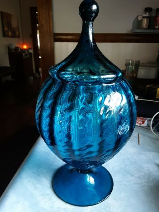 MCM Empoli Optic Blue Art Glass Circus Tent Apothecary Jar Italy. 2