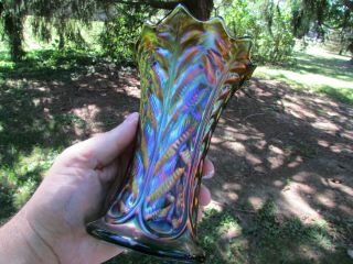 Northwood Leaf Columns Antique Carnival Art Glass Squatty Vase 6 " Tall Green