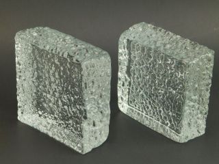 Set/2 Mid Century Blenko Modernist Clear Art Glass Iceberg/ice Textured Bookends