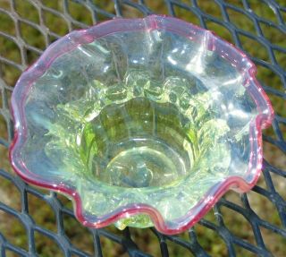 ANTIQUE VICTORIAN Vaseline Glass SALT Cranberry Rim 3
