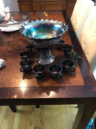 Flower Tree 12 Pc Punch Set Carnival Glass Bronze And Electric Blue 11 " Bowl