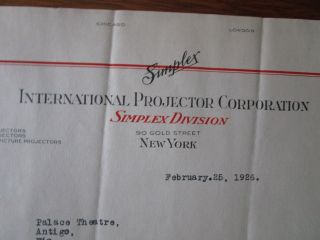 Movie Letterhead International Projector Corporation Motor Repair 2/25/1926