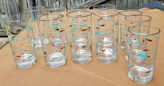 Vintage 11 Libbey Atomic Fish Turquoise Silver Drinking Glasses Tumblers 1950s