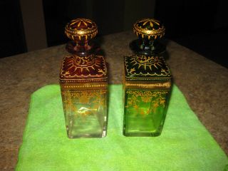 Pr Antique Moser Rubina / Green Art Glass Decanters Bottles