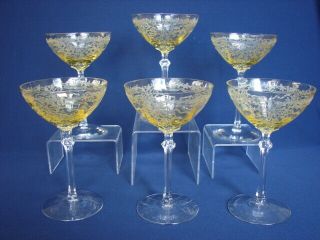 Set Of 6 Vintage Fostoria June Topaz 6 " Champagne Stems Elegant Etched Glass