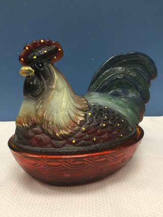 Fenton Red Glass Hen On Nest Covered Dish Hand Painted Signed C Smith