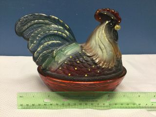 Fenton Red Glass Hen On Nest Covered Dish Hand Painted Signed C Smith 2