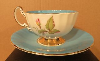 Aynsley Pink Cabbage Roses With Blue Teacup & Saucer / Made In England