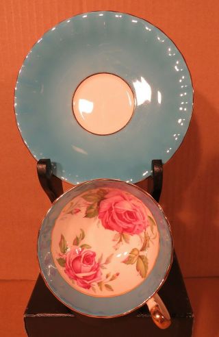 Aynsley Pink Cabbage Roses With Blue Teacup & Saucer / Made in England 2