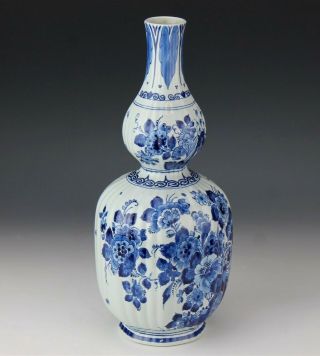 15 " Delft Double Gourd Blue White Art Pottery Painted Floral Fluted Mantle Vase
