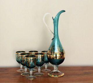 Vintage Murano Glass Wine Goblets Decanter Bottle Venetian Green Gold Set