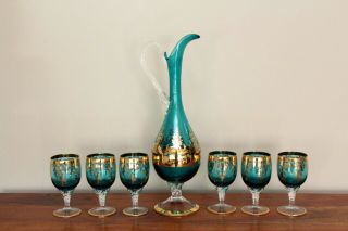 Vintage Murano Glass Wine Goblets Decanter Bottle Venetian Green Gold Set 2