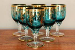 Vintage Murano Glass Wine Goblets Decanter Bottle Venetian Green Gold Set 3