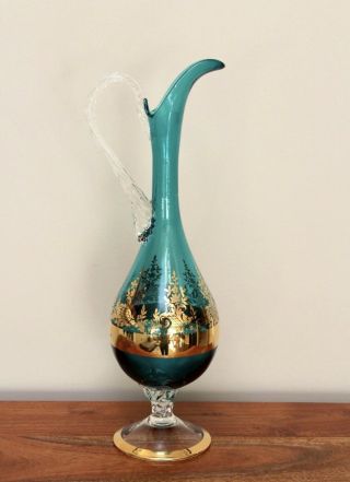 Vintage Murano Glass Wine Goblets Decanter Bottle Venetian Green Gold Set 4