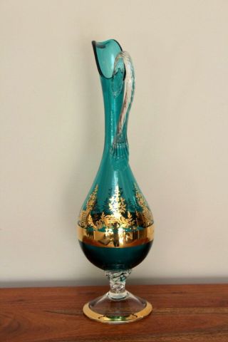 Vintage Murano Glass Wine Goblets Decanter Bottle Venetian Green Gold Set 5