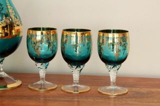 Vintage Murano Glass Wine Goblets Decanter Bottle Venetian Green Gold Set 6