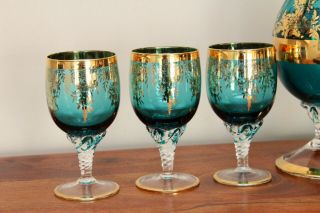 Vintage Murano Glass Wine Goblets Decanter Bottle Venetian Green Gold Set 7