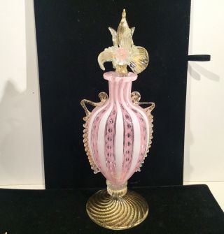 Rare Lg.  9 1/2” Murano Venetian Pink Latticno Ribbon W/gold Flake Perfume